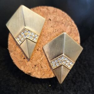 Vintage Brushed Gold Geometric Earrings with Crystals